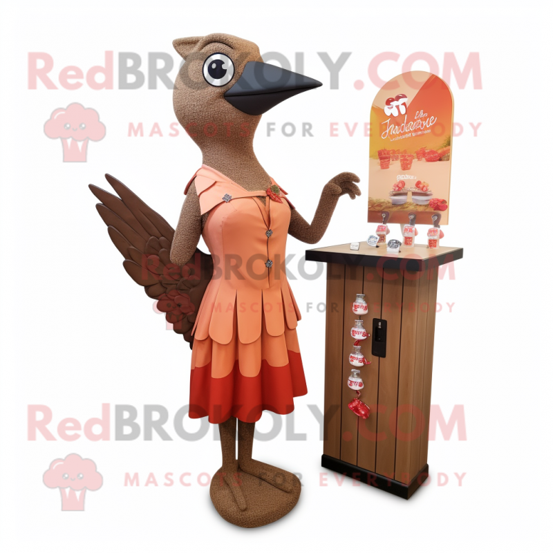 Brown Woodpecker mascot costume character dressed with a Cocktail Dress and Coin purses