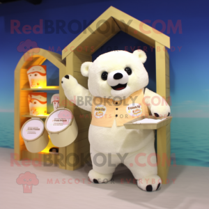 Cream Bear mascot costume character dressed with a Bikini and Coin purses