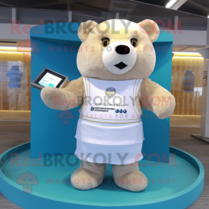 Cream Bear mascot costume character dressed with a Bikini and Coin purses