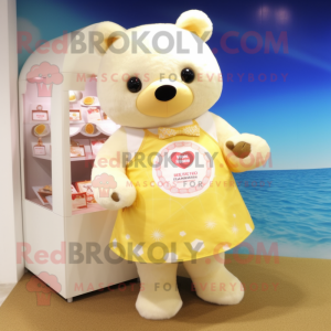 Cream Bear mascot costume character dressed with a Bikini and Coin purses