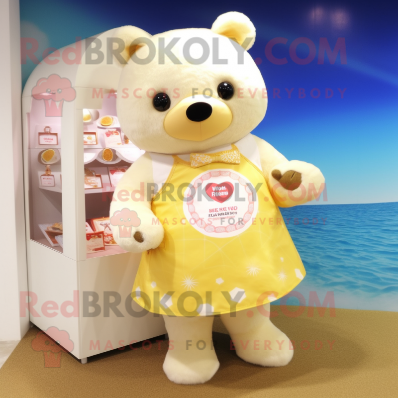 Cream Bear mascot costume character dressed with a Bikini and Coin purses Cream Bear mascot costume character dressed with a Bikini and Coin purses