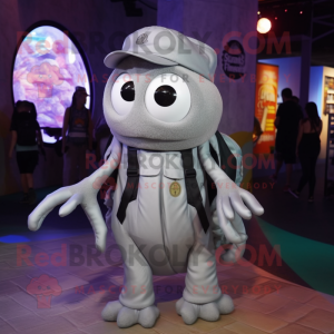 Gray Fried Calamari mascot costume character dressed with a Romper and Backpacks