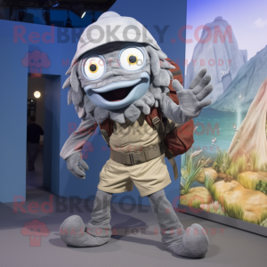 Gray Fried Calamari mascot costume character dressed with a Romper and Backpacks
