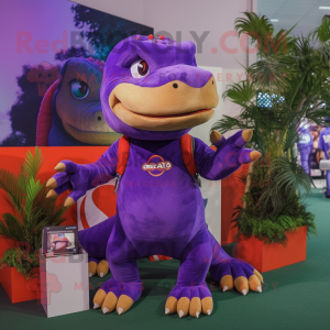 Purple T Rex mascot costume character dressed with a Chinos and Bracelets