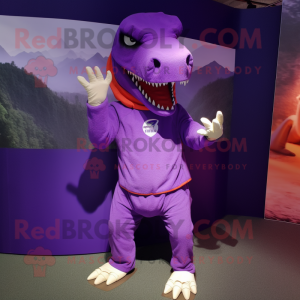 Purple T Rex mascot costume character dressed with a Chinos and Bracelets