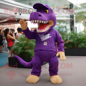 Purple T Rex mascot costume character dressed with a Chinos and Bracelets