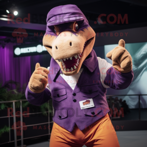 Purple T Rex mascot costume character dressed with a Chinos and Bracelets
