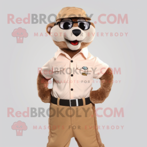 Beige Mongoose mascot costume character dressed with a Button-Up Shirt and Eyeglasses