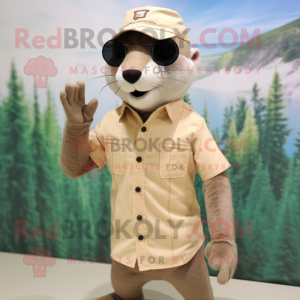 Beige Mongoose mascot costume character dressed with a Button-Up Shirt and Eyeglasses