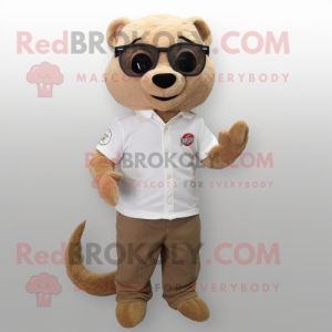 Beige Mongoose mascot costume character dressed with a Button-Up Shirt and Eyeglasses