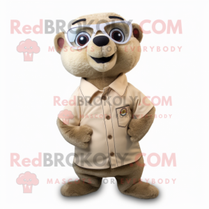 Beige Mongoose mascot costume character dressed with a Button-Up Shirt and Eyeglasses