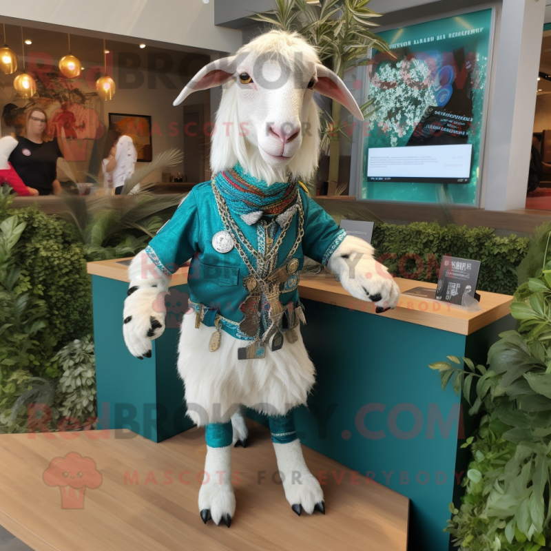 Teal Boer Goat mascot costume character dressed with a Romper and Necklaces Teal Boer Goat mascot costume character dressed with a Romper and Necklaces