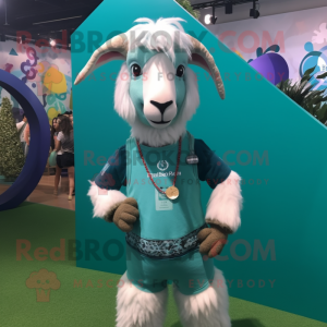 Teal Boer Goat mascot costume character dressed with a Romper and Necklaces