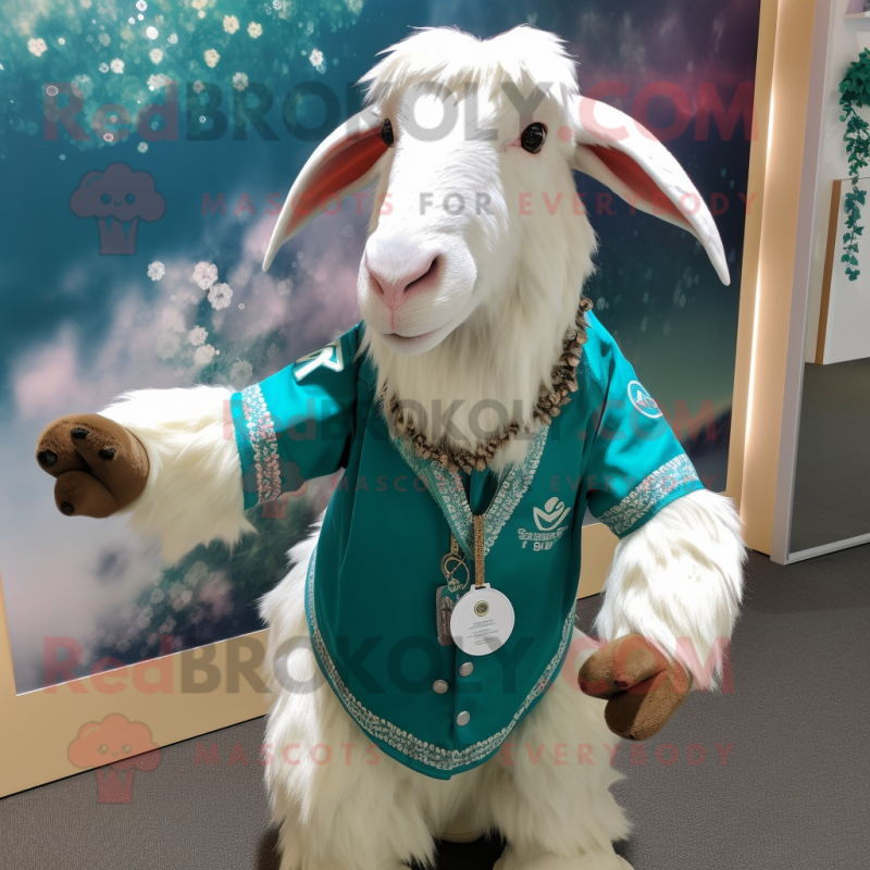 Teal Boer Goat mascot costume character dressed with a Romper and Necklaces