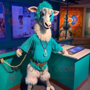 Teal Boer Goat mascot costume character dressed with a Romper and Necklaces