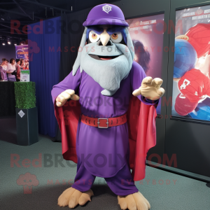 Purple Wizard mascot costume character dressed with a Baseball Tee and Wraps