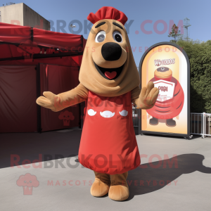 Rust Hot Dog mascot costume character dressed with a Dress and Lapel pins