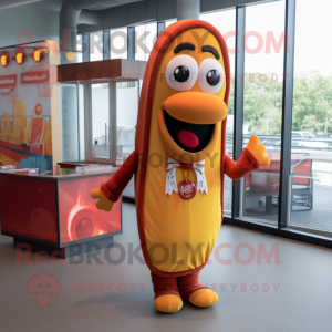 Rust Hot Dog mascot costume character dressed with a Dress and Lapel pins