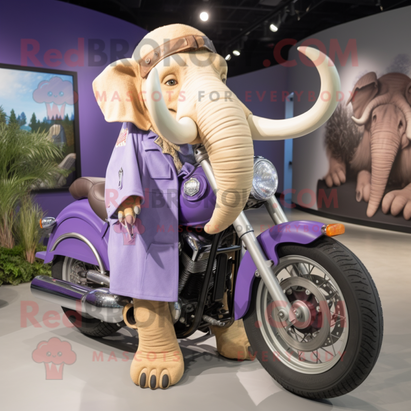 Lavender Mammoth mascot costume character dressed with a Moto Jacket and Shoe clips