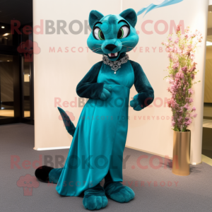 Teal Panther mascot costume character dressed with a Evening Gown and Shoe clips
