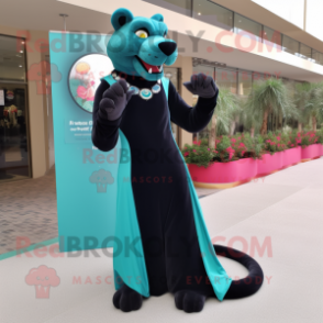 Teal Panther mascot costume character dressed with a Evening Gown and Shoe clips