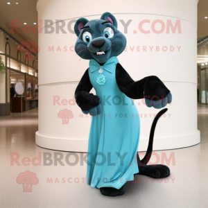 Teal Panther mascot costume character dressed with a Evening Gown and Shoe clips