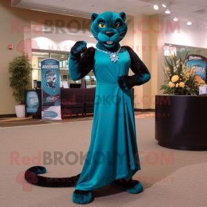 Teal Panther mascot costume character dressed with a Evening Gown and Shoe clips