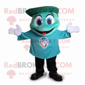 Teal Pizza mascot costume character dressed with a V-Neck Tee and Caps