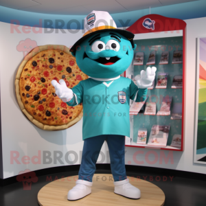 Teal Pizza mascot costume character dressed with a V-Neck Tee and Caps