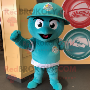 Teal Pizza mascot costume character dressed with a V-Neck Tee and Caps