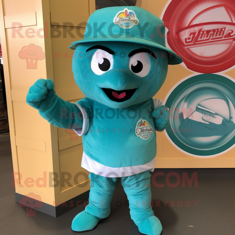 Teal Pizza mascot costume character dressed with a V-Neck Tee and Caps Teal Pizza mascot costume character dressed with a V-Neck Tee and Caps