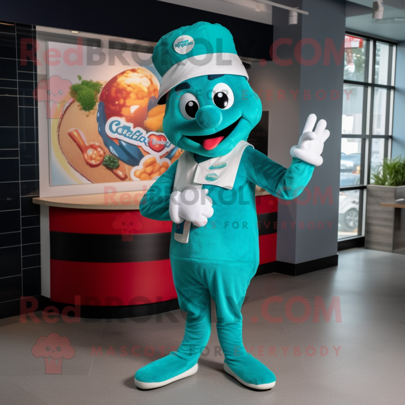 Teal Pizza mascot costume character dressed with a V-Neck Tee and Caps