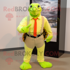 Lime Green Turtle mascot costume character dressed with a Shorts and Tie pins