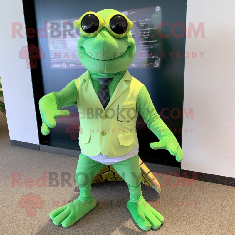 Lime Green Turtle mascot costume character dressed with a Shorts and Tie pins