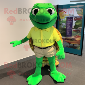 Lime Green Turtle mascot costume character dressed with a Shorts and Tie pins