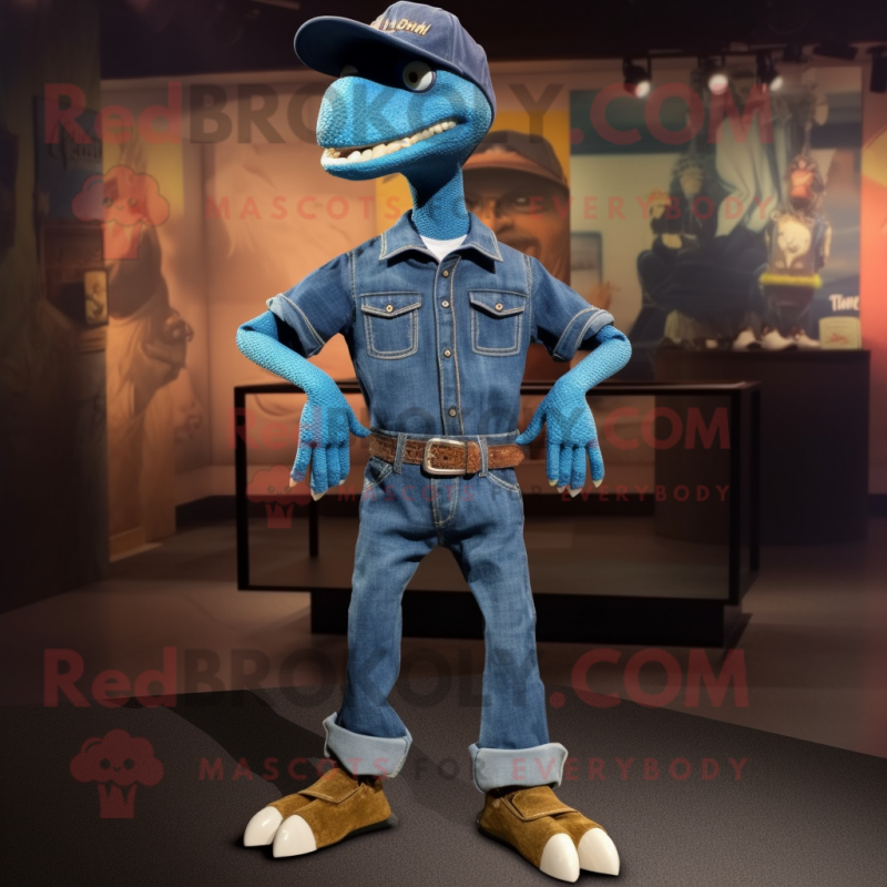 nan Deinonychus mascot costume character dressed with a Boyfriend Jeans and Shoe clips nan Deinonychus mascot costume character dressed with a Boyfriend Jeans and Shoe clips