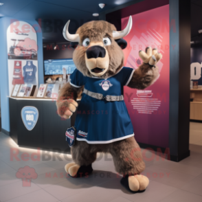Navy Bison mascot costume character dressed with a Mini Dress and Clutch bags