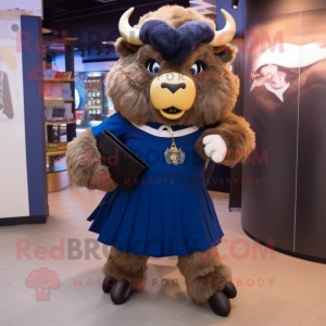 Navy Bison mascot costume character dressed with a Mini Dress and Clutch bags