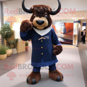 Navy Bison mascot costume character dressed with a Mini Dress and Clutch bags