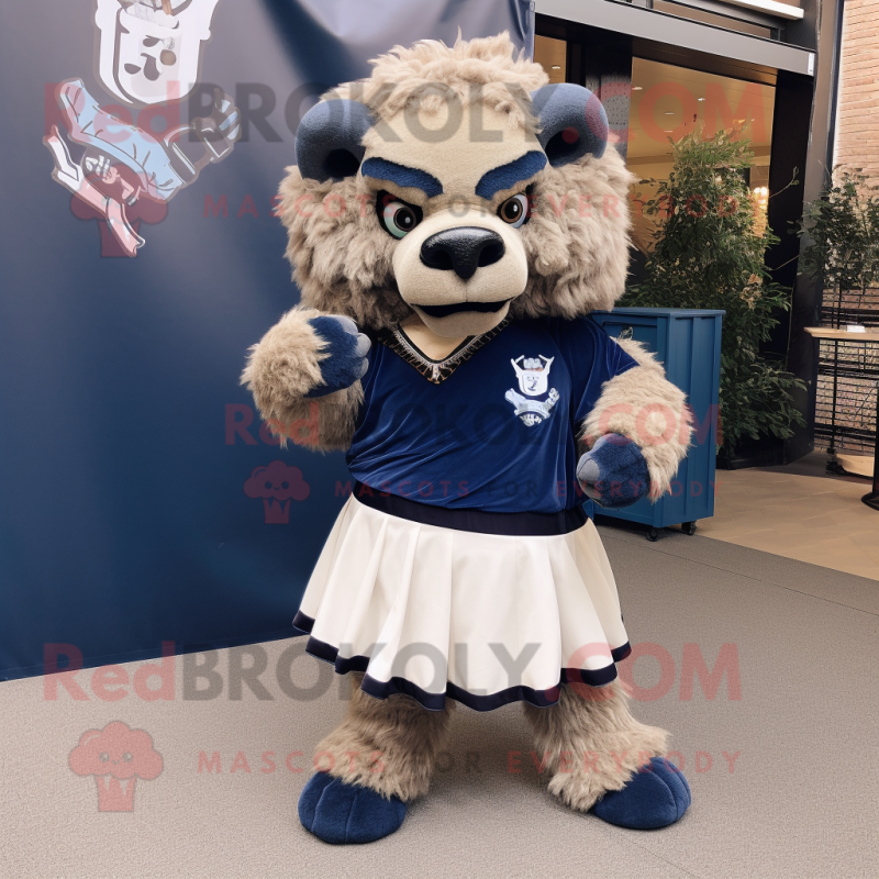 Navy Bison mascot costume character dressed with a Mini Dress and Clutch bags Navy Bison mascot costume character dressed with a Mini Dress and Clutch bags