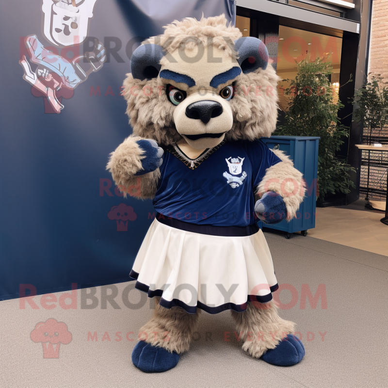 Navy Bison mascot costume character dressed with a Mini Dress and Clutch bags