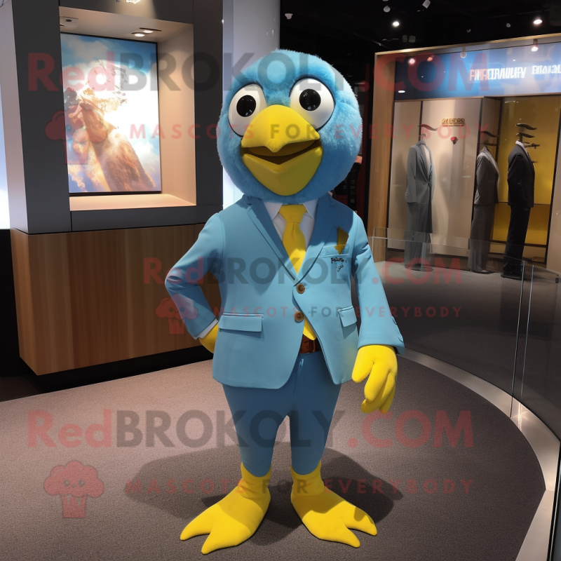 Sky Blue Canary mascot costume character dressed with a Suit and Bracelets