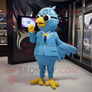 Sky Blue Canary mascot costume character dressed with a Suit and Bracelets