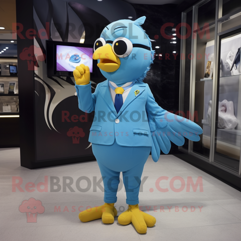 Sky Blue Canary mascot costume character dressed with a Suit and Bracelets Sky Blue Canary mascot costume character dressed with a Suit and Bracelets