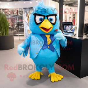 Sky Blue Canary mascot costume character dressed with a Suit and Bracelets