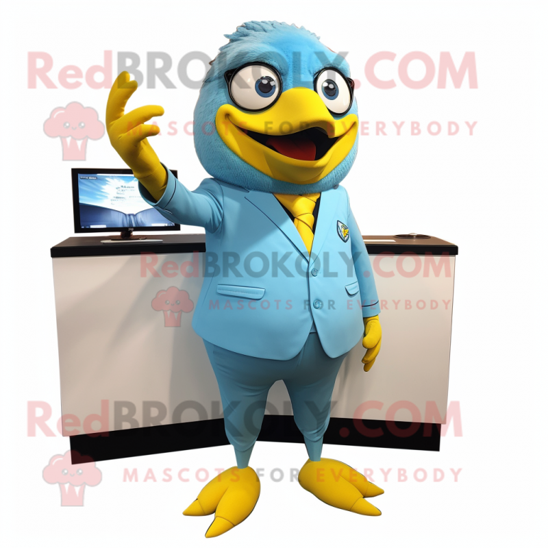 Sky Blue Canary mascot costume character dressed with a Suit and Bracelets