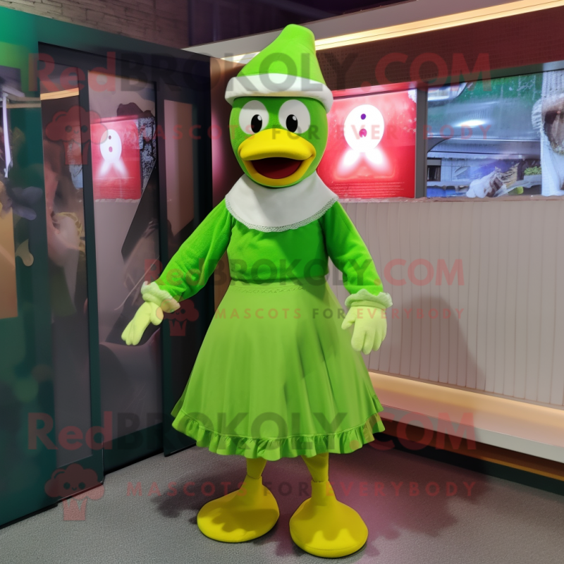 Lime Green Muscovy Duck mascot costume character dressed with a Shift Dress and Beanies