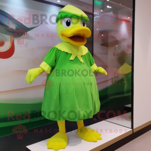 Lime Green Muscovy Duck mascot costume character dressed with a Shift Dress and Beanies