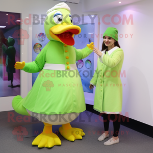 Lime Green Muscovy Duck mascot costume character dressed with a Shift Dress and Beanies