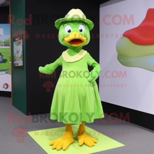 Lime Green Muscovy Duck mascot costume character dressed with a Shift Dress and Beanies